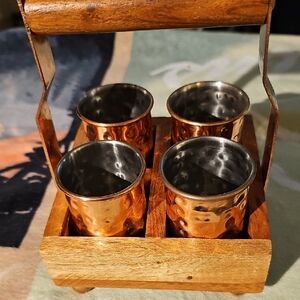 Hammered Copper Shot Glass Set with Wooden Caddy